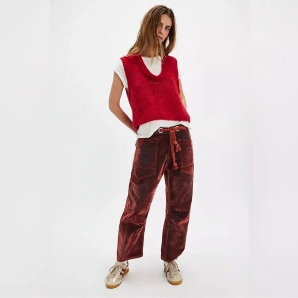 FREE PEOPLE|| Moxie Low Slung Flocked Pull-On Barrel Jeans in Chile NWOT - Picture 3 of 10